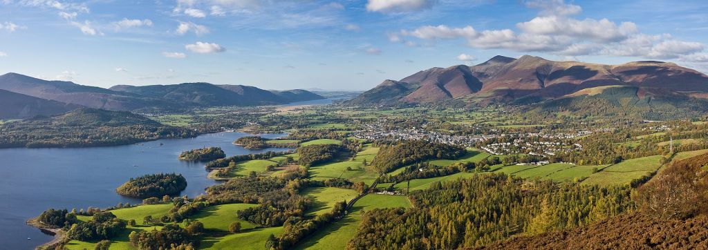Vue du groupe montagneux de Skiddaw de la ville de Keswick et du Derwentwater depuis Walla Crag