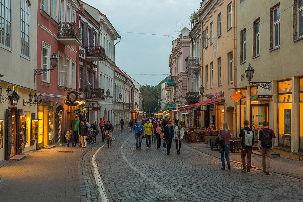 Pilies Street at dusk Vilnius Lithuania