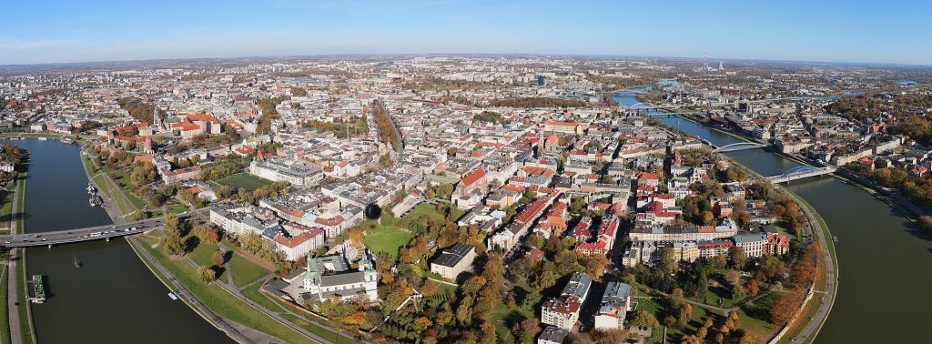 The city center of Krakow seen from the side of Kazimierz 