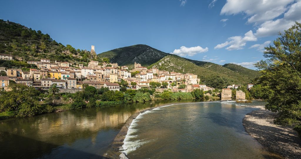 The village of Roquebrun from the Bridge above the Orb River Roquebrun Hérault France