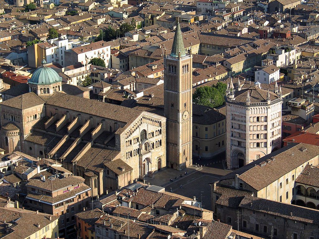 Parma Italy Aerial view of Duomo and Battistero