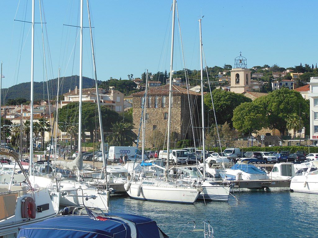 SainteMaxime Var France la Tour Carrée et léglise vues du port de plaisance