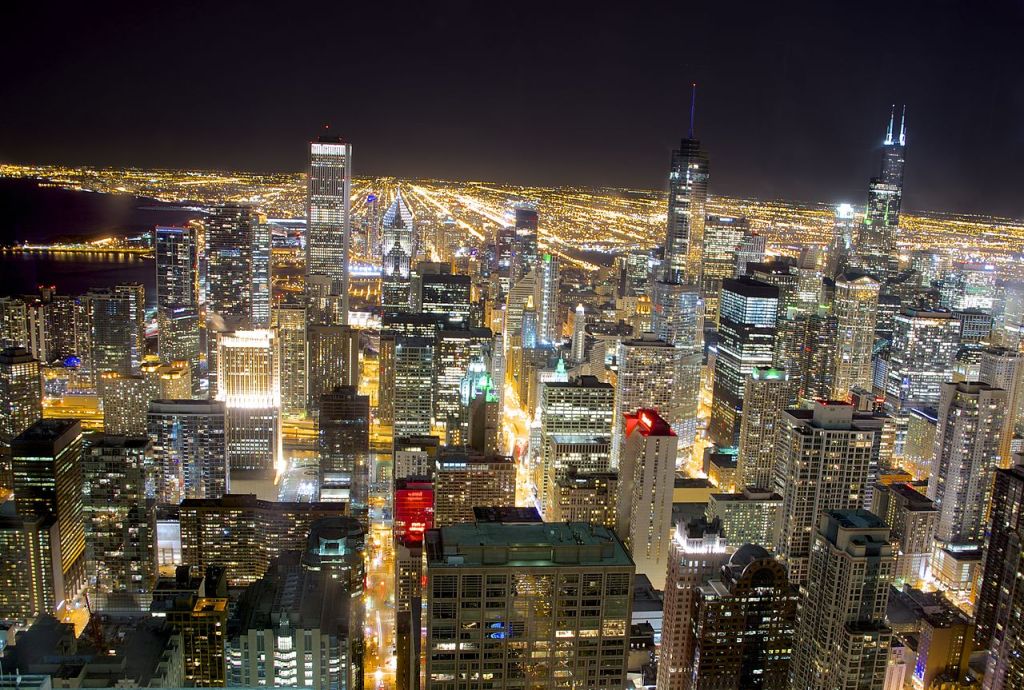 An evening shot from the Hancock Center in downtown Chicago