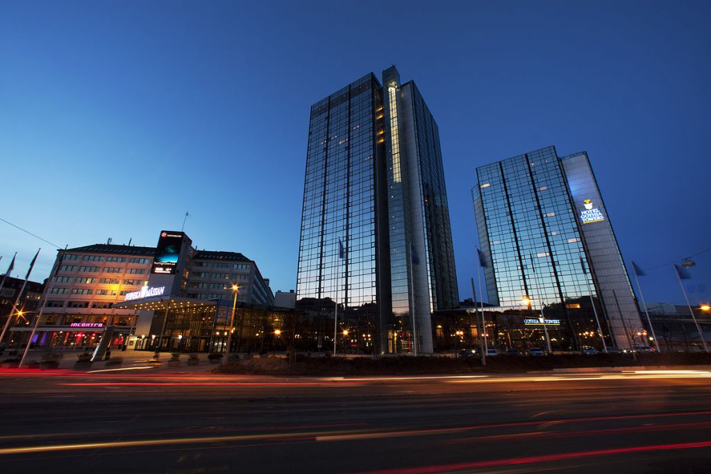 Gothia Towers at night seen from Korsvägen in Gothenburg