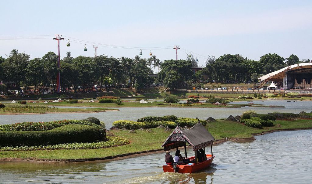 Boat ride at Indonesian archipelago lake in Taman Mini Indonesia Indah