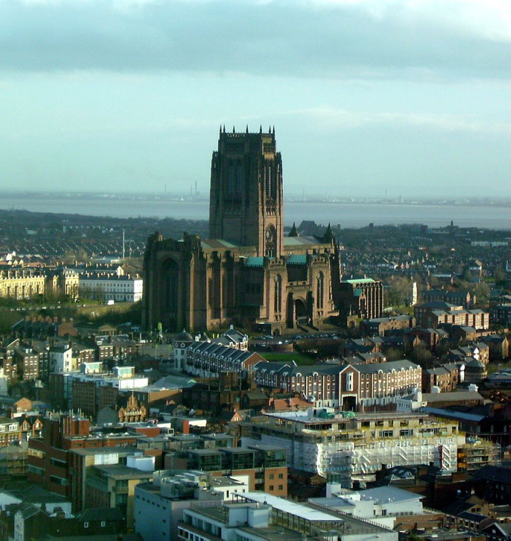 Liverpools Anglican cathedral towering over the River Mersey