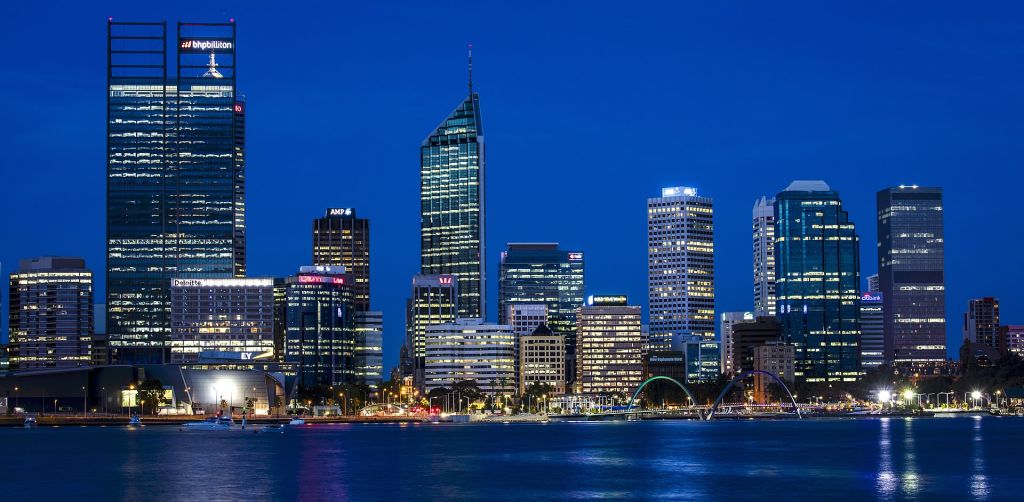 The Perth city skyline showing the new bridge and Elizabeth Quay