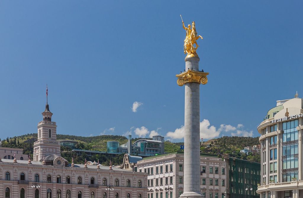 Freedom Monument with equestrian statue of Saint George Tbilisi Georgia