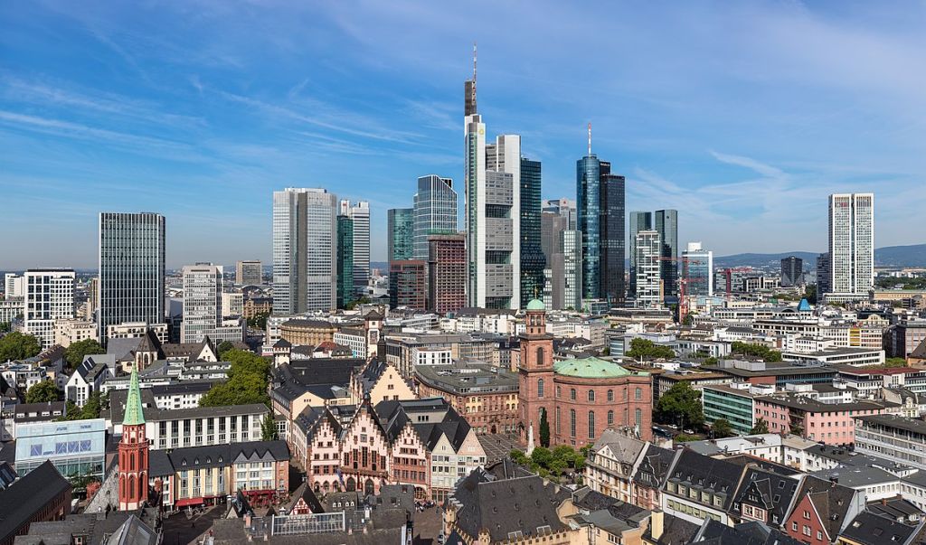 Historical city centre of Frankfurt Germany with Frankfurt Skyline behind
