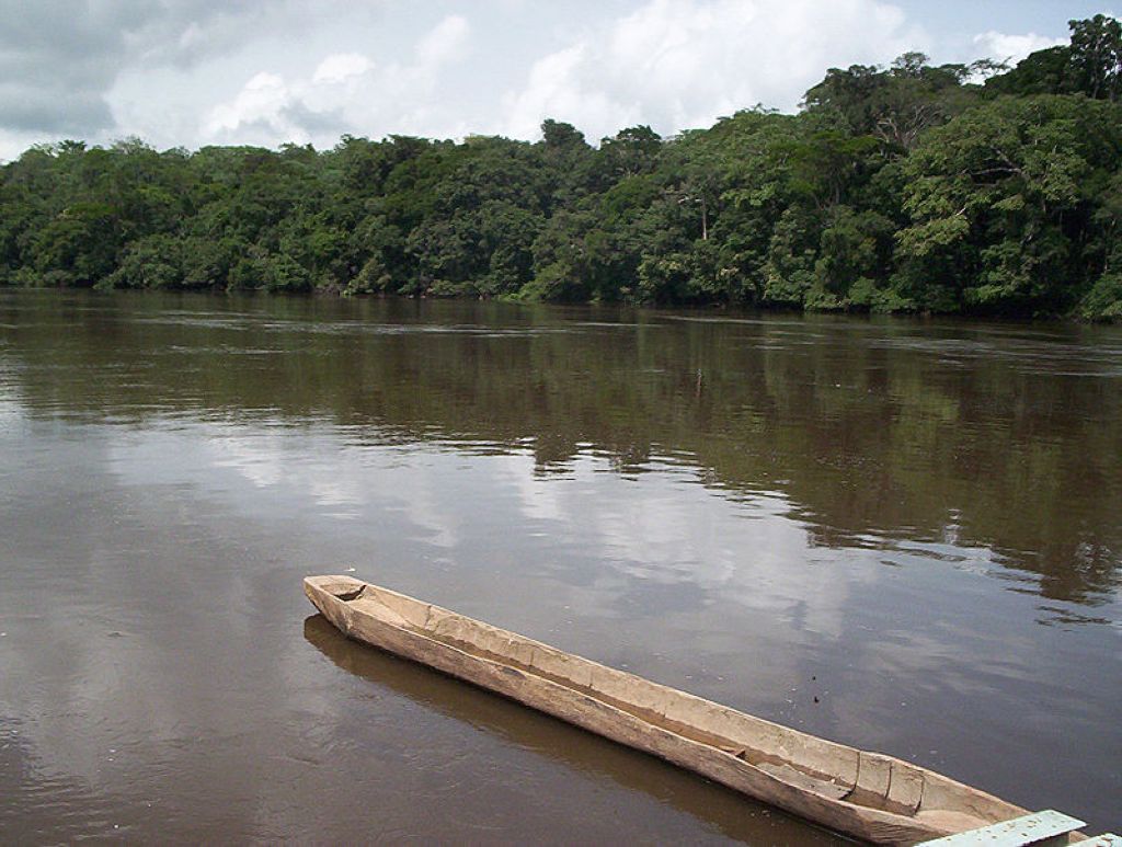 Pirogue on the Dja River in Cameroons East Province south of Lomié and north of Ngoila Réserve De Faune Du Dja