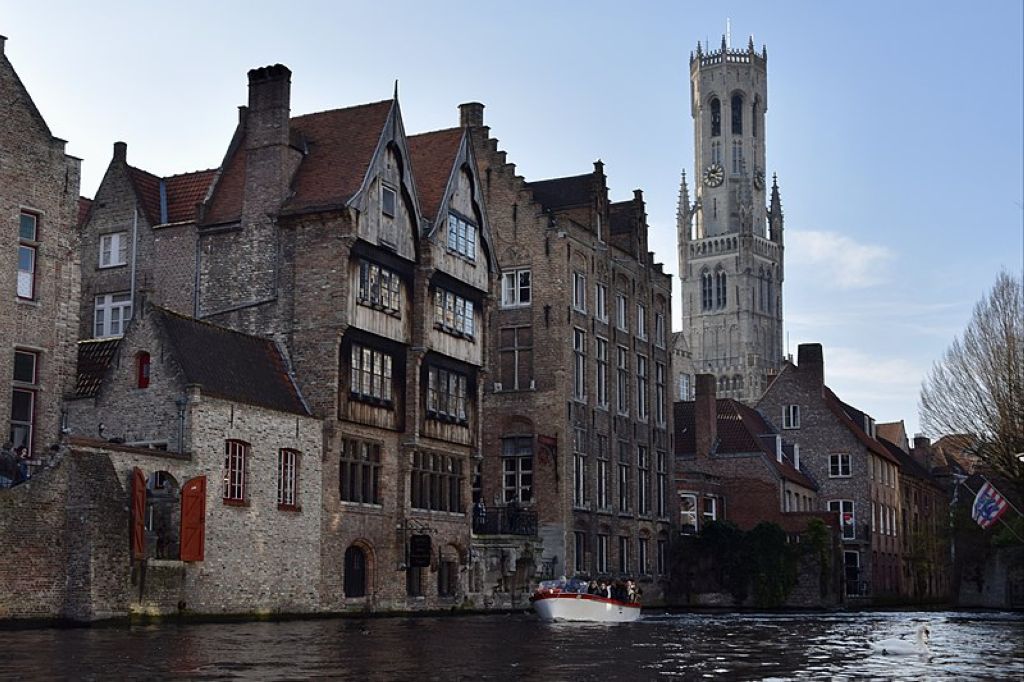 The Rozenhoedkaai canal with the Belfry of Bruges Bruges Et Ses Canaux