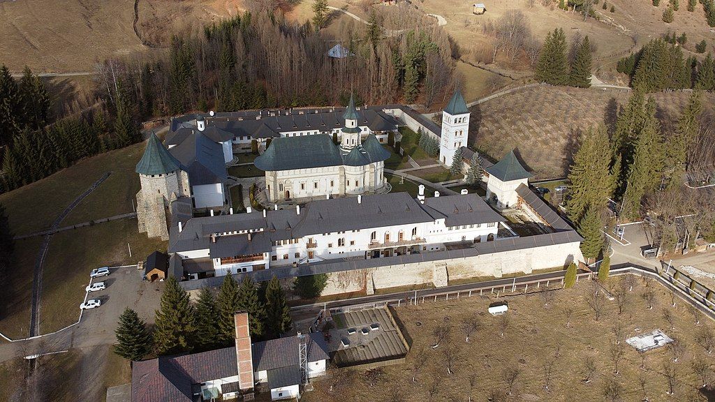Aerial view of Putna monastery Manastirea Putna